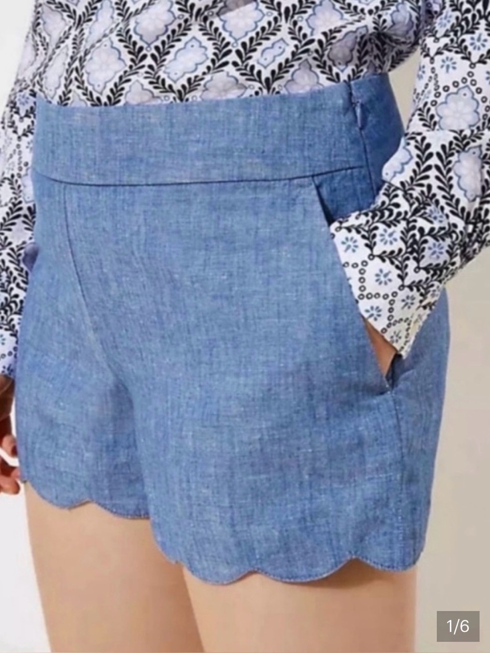 LOFT Riviera Scalloped Linen Blend Shorts Blue Size 2